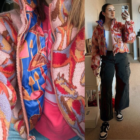 Farm Rio Wild Horses Tricot Puffer Jacket Reversible Mushroom Multicolor Size XS - Picture 2 of 12